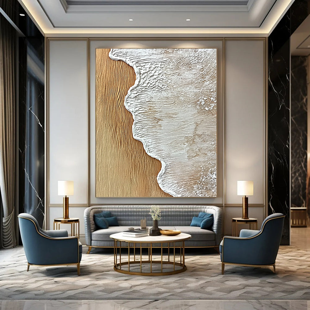 Contemporary hand-painted abstract artwork featuring textured sand and wood with ocean wave edge in white, capturing the essence of sea foam. DLZ1206