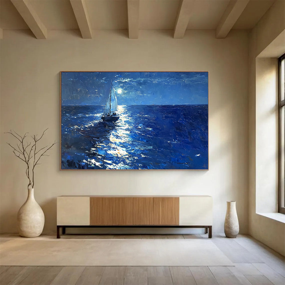 “Moonlit Sail on the Ocean” - Deep Blues, Silvers, Whites, Sailboat on Moonlit Sea - Luminist Oil Painting HB1695