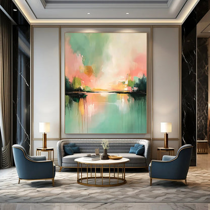 Contemporary abstract painting featuring soft pinks and greens with reflections on water atmospheric clouds and light gold highlights. DLZ0407