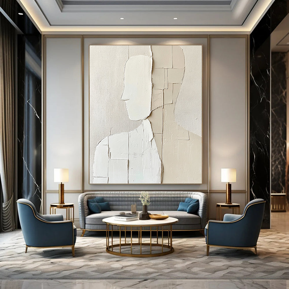 Contemporary abstract artwork features minimalism with deconstructed tailoring in simple shapes on a textured beige background creating a monochromatic aesthetic. DLZ1729