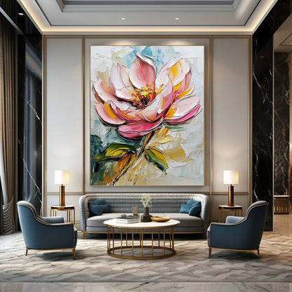 Contemporary abstract art featuring a pink flower and leaves in a detailed palette knife oil painting on a pristine white background. DLZ1440