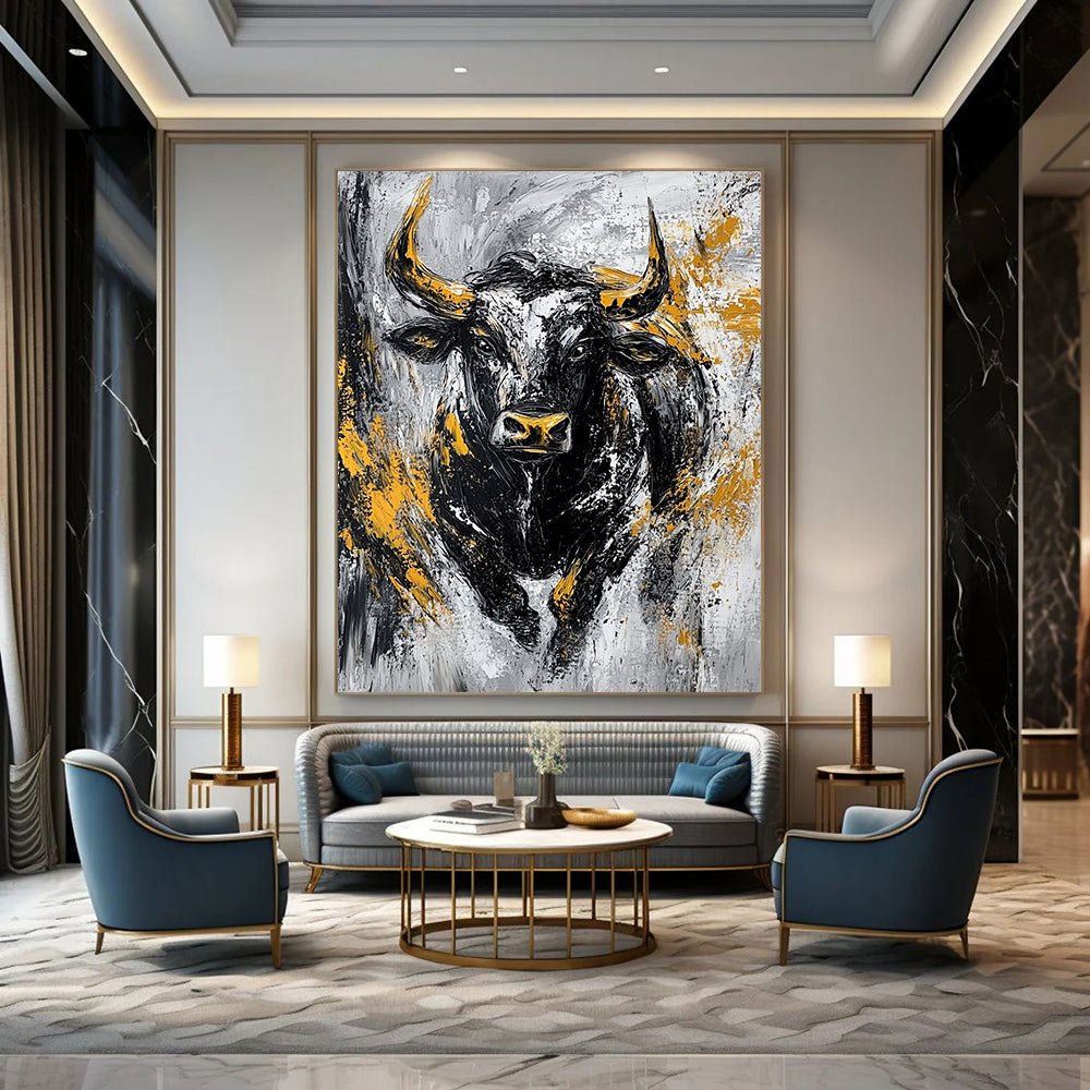 Bold contemporary abstract painting featuring an aggressive bull in textured black and gold against a striking grey background. DLZ0885