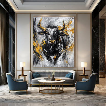 Bold contemporary abstract painting featuring an aggressive bull in textured black and gold against a striking grey background. DLZ0885