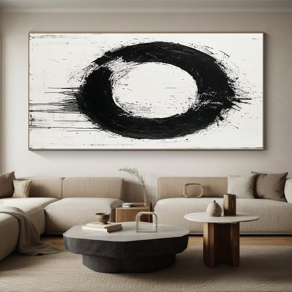 Black, White, Bold Circular Stroke "Zen Enso" Abstract Minimalist Painting On Canvas HB044