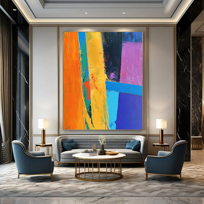 Contemporary hand-painted abstract art features vibrant blue orange yellow with dynamic shapes and lines on a purple background crafted in thick acrylic strokes. DLZ0510