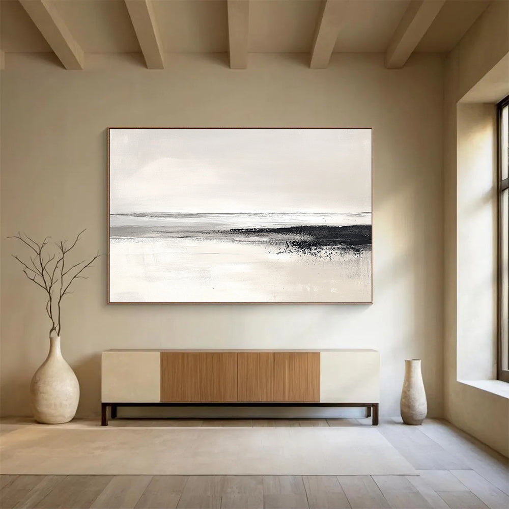 “Monochrome Coastline” - Black, White, Gray, Textured Shore and Calm Sea Painting On Canvas HB0932