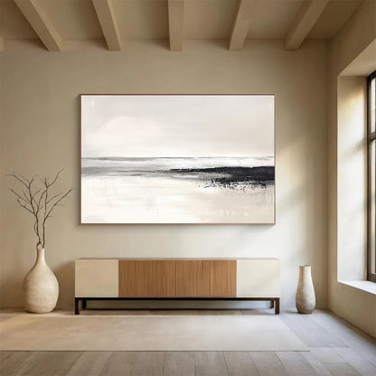 “Monochrome Coastline” - Black, White, Gray, Textured Shore and Calm Sea Painting On Canvas HB0932