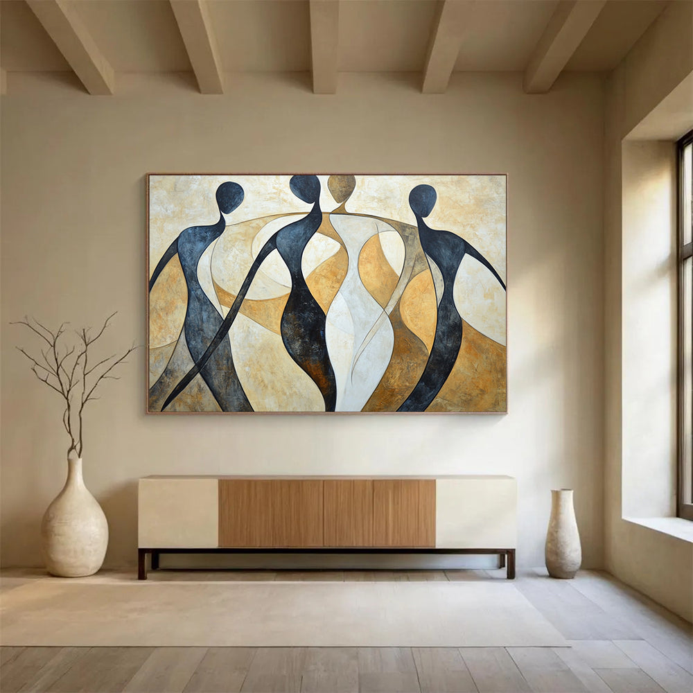 “Abstract Figures” - Black, white, beige, Abstract Figurative Painting HB0637
