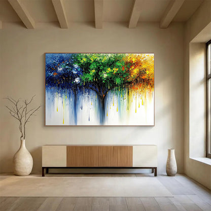“Colorful Dripping Tree” - Blue, Green, Yellow, Orange - Impasto Dripping Tree - Oil Painting HB1329