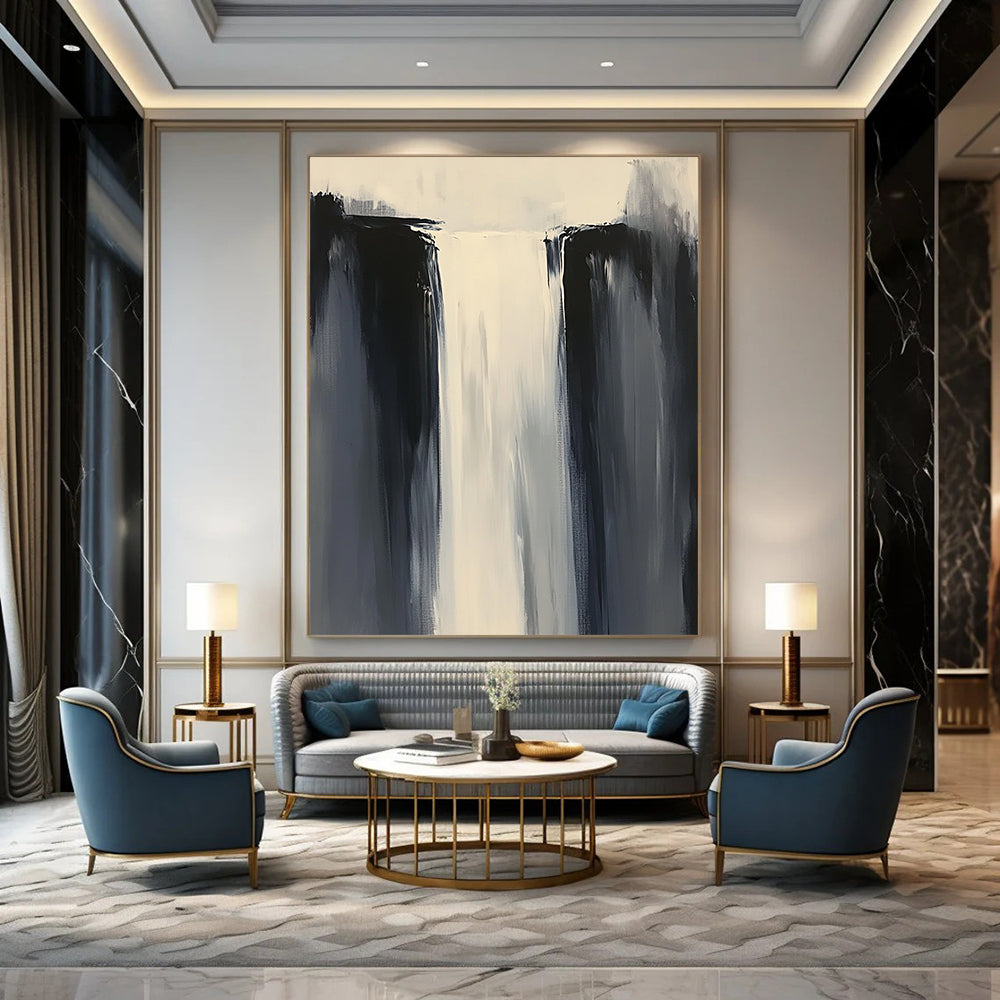 Contemporary abstract painting features minimalist composition in white and gray tones with thick brushstrokes and a tall waterfall, enhancing depth and artistic appeal. DLZ0550