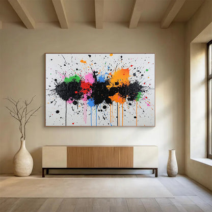 “Color Splash Carnival” - Black, rainbow splatters; Energetic paint splatters on white; Abstract Expressionist Acrylic Painting On Canvas HB1171