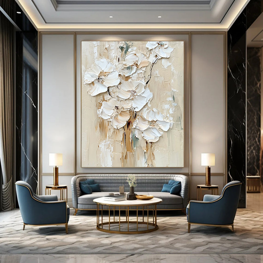 Contemporary large hand-painted abstract artwork featuring impasto white flowers in a soothing palette of neutral colors and tones. DLZ0672