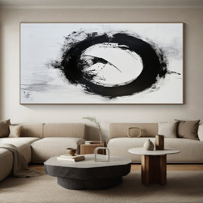 Black and White Textured Circle "Rough Enlightenment" Painting On Canvas HB265