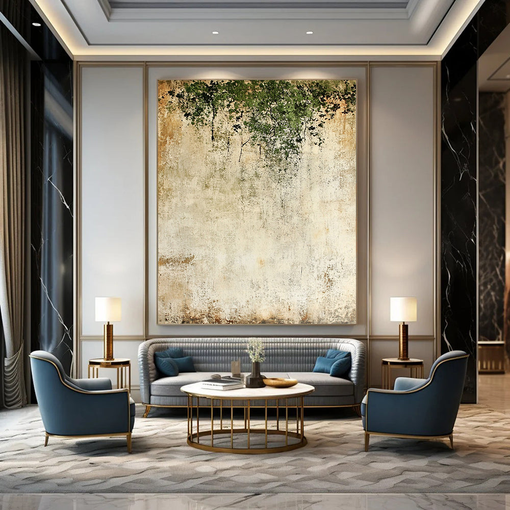 Contemporary hand-painted abstract backdrop features textured light beige and moss green with delicate dark flowers creating a unique artistic atmosphere. DLZ1722