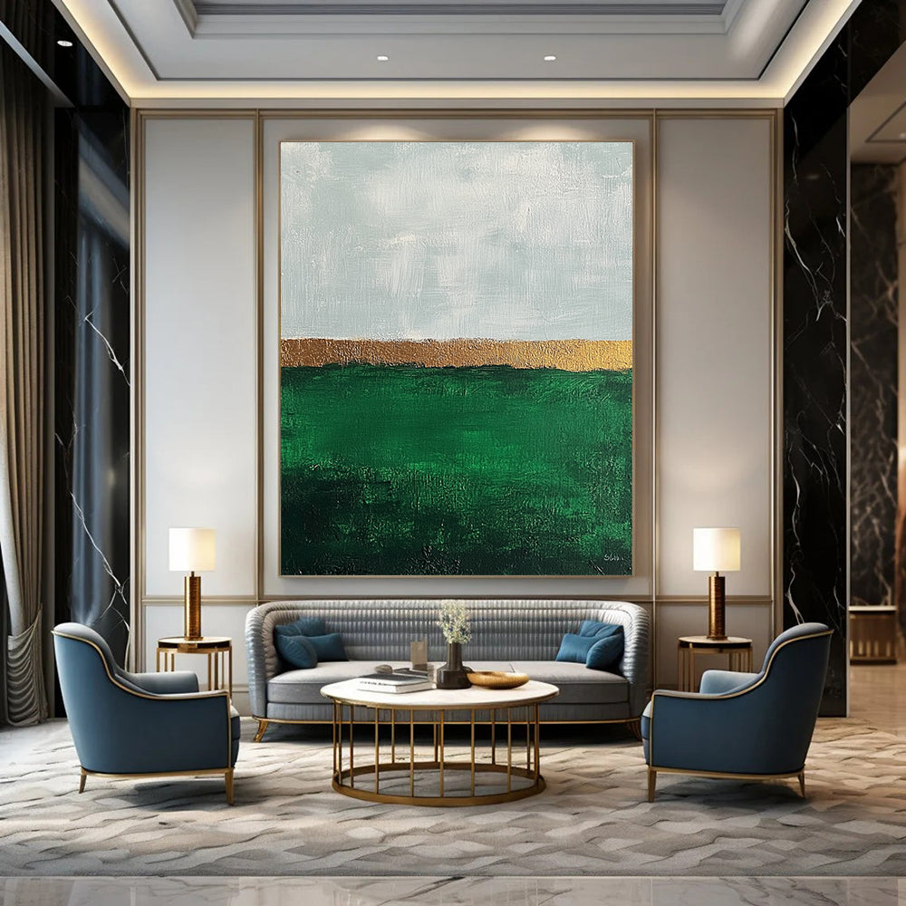 Contemporary abstract art featuring impasto technique with thick strokes, showcasing an emerald green field and muted sky in a minimalist aesthetic. DLZ1351