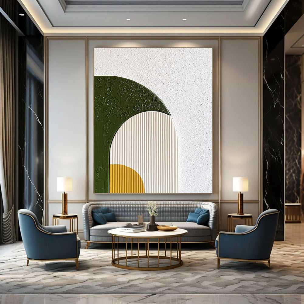 Contemporary hand-painted abstract wall art features organic shapes in green and yellow on a textured background with soft gradients and minimalist design. DLZ1235
