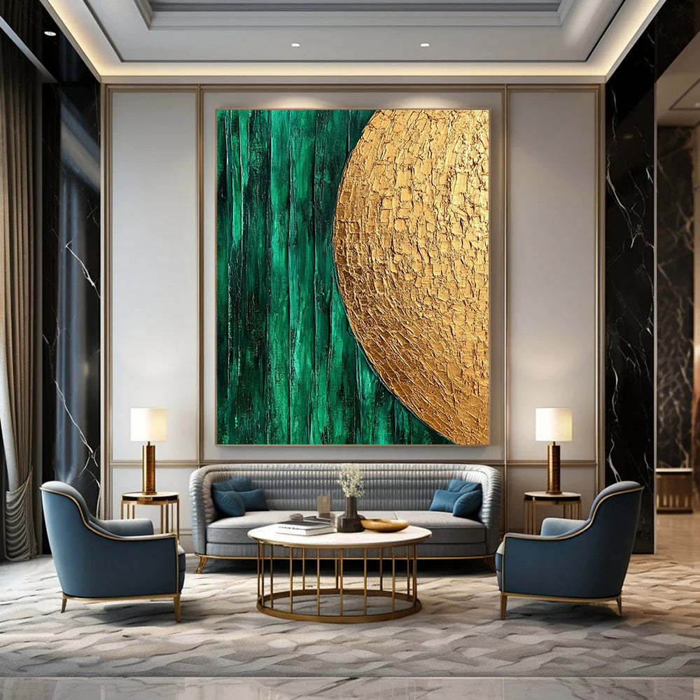 Contemporary hand-painted abstract art featuring emerald green and gold with smooth brush strokes and organic white textured patterns. DLZ0916
