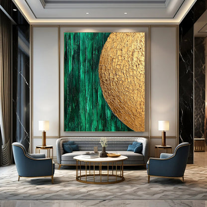 Contemporary hand-painted abstract art featuring emerald green and gold with smooth brush strokes and organic white textured patterns. DLZ0916