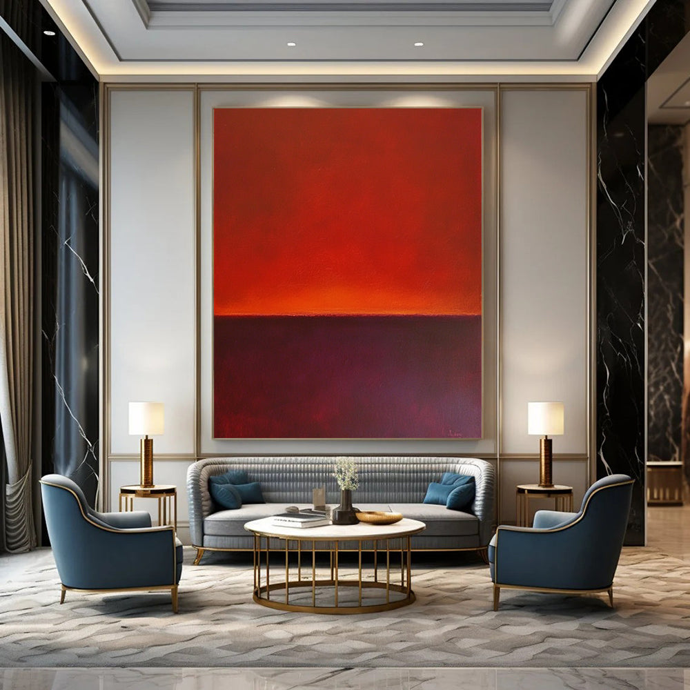 Contemporary hand-painted abstract art featuring a horizon line with rich red and purple hues against a solid background. DLZ1385