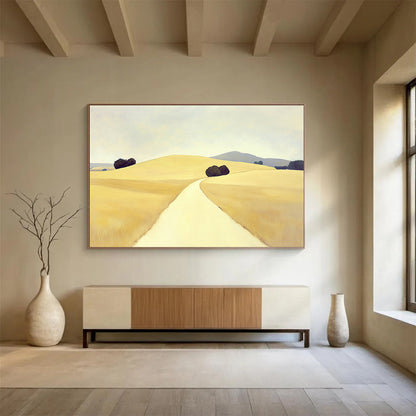 Yellow, Gray, Purple and Green Minimalist Path "Golden Journey" Painting On Canvas HB0672