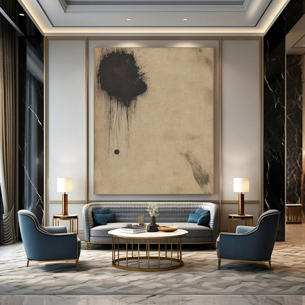 Contemporary hand-painted abstract art on antique beige paper featuring a small dark circle and a large black smudge for a striking visual impact. DLZ0678