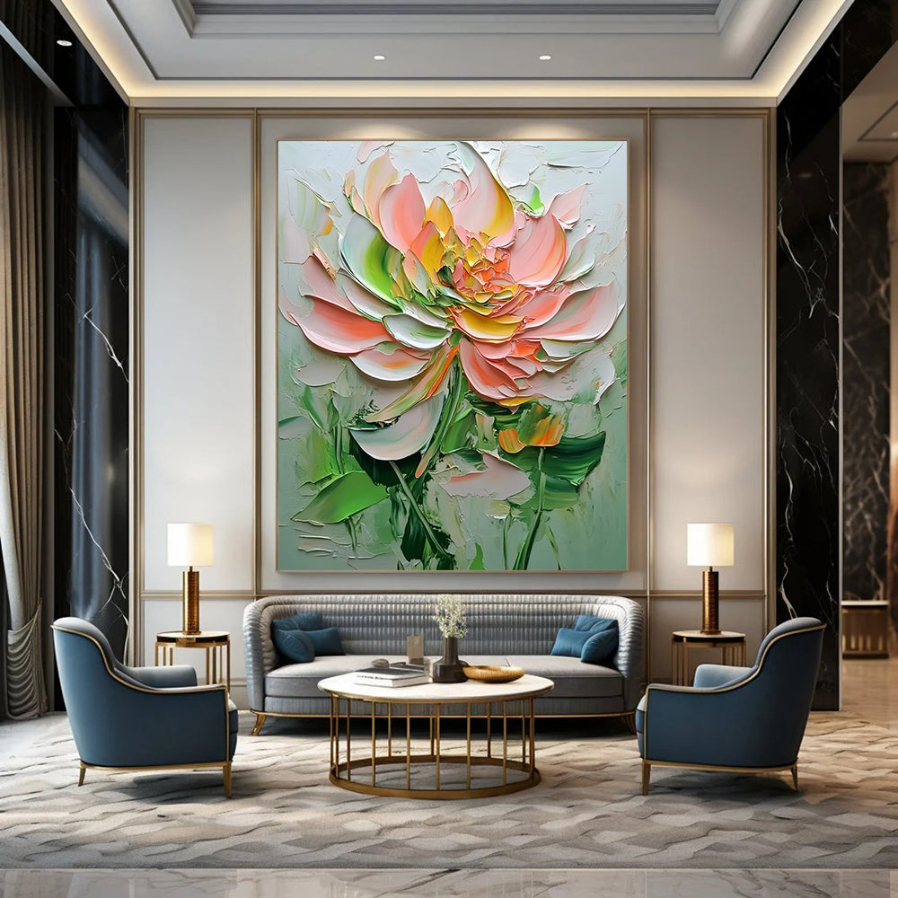 Contemporary abstract painting showcases textured flowers in pink and green hues against a white background, highlighting delicate details and depth. DLZ1667