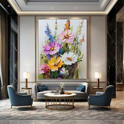 Vibrant contemporary hand-painted abstract art featuring a textured bouquet of flowers with rich colors against a clean white background. DLZ1674