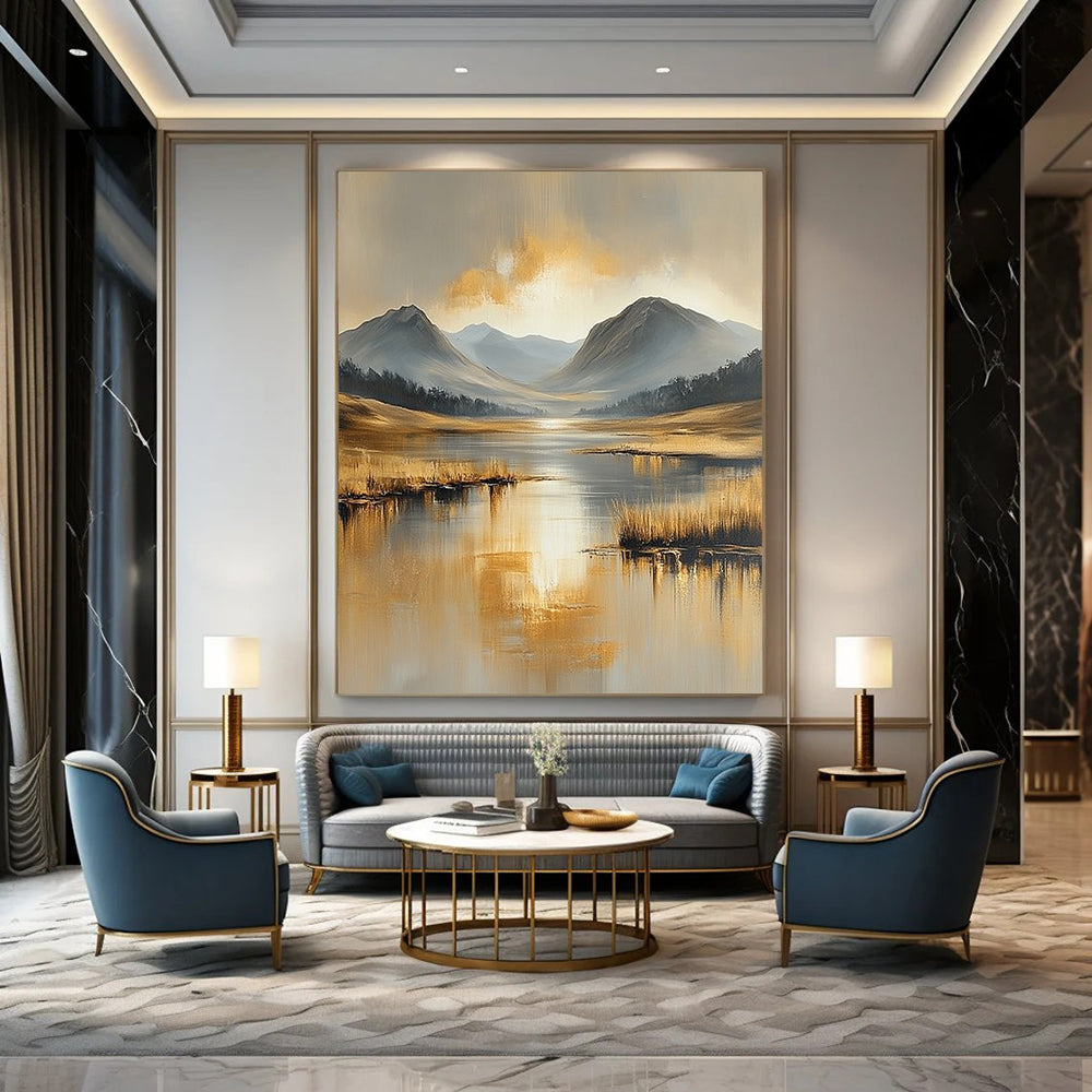 Contemporary abstract landscape painting featuring serene beige and gold tones, water reflections, distant mountains, and tranquil skies in heavy oil brush strokes. DLZ0410