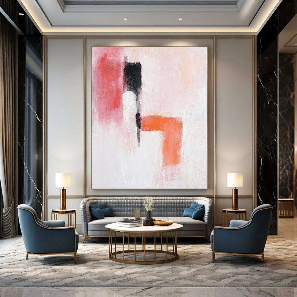 Contemporary abstract painting in soft pink orange and white with a serene figure black shoes and textured elements creating a minimalistic calm composition. DLZ0918