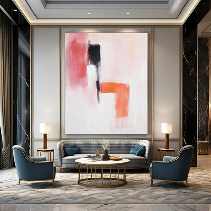 Contemporary abstract painting in soft pink orange and white with a serene figure black shoes and textured elements creating a minimalistic calm composition. DLZ0918