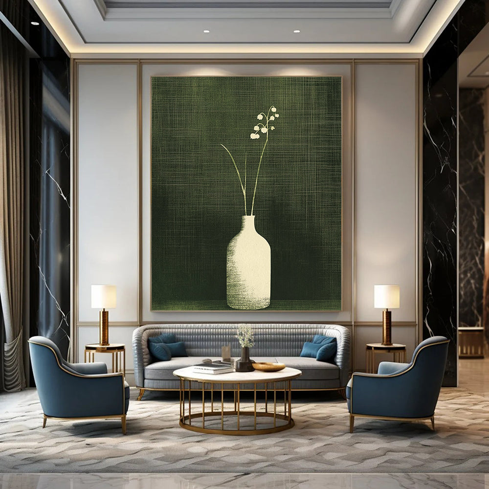 Large contemporary abstract artwork featuring lily of the valley in a textured monochrome design with a dark green background and simple vertical lines. DLZ1589