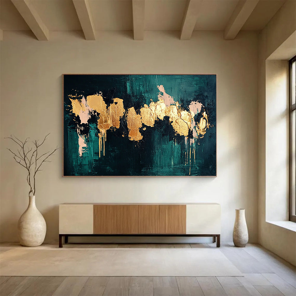 “Teal and Gold Abstract Drip” - Teal, gold, pink; Abstract drip painting with gold and pink; Acrylic Painting On Canvas HB1245
