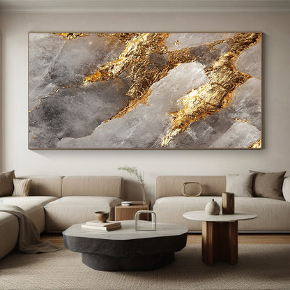 Clear Crystal, Gold Veins, Geometric Shapes "Elegant Fusion" Abstract Geode - Inspired Painting On Canvas HB041
