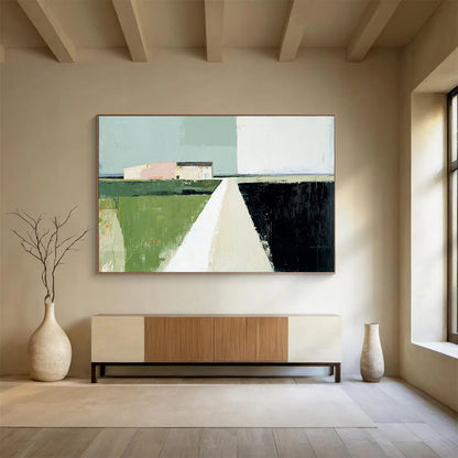 Green, Pink, Blue and Black Minimalist Landscape "Quiet Path" Painting On Canvas HB0658