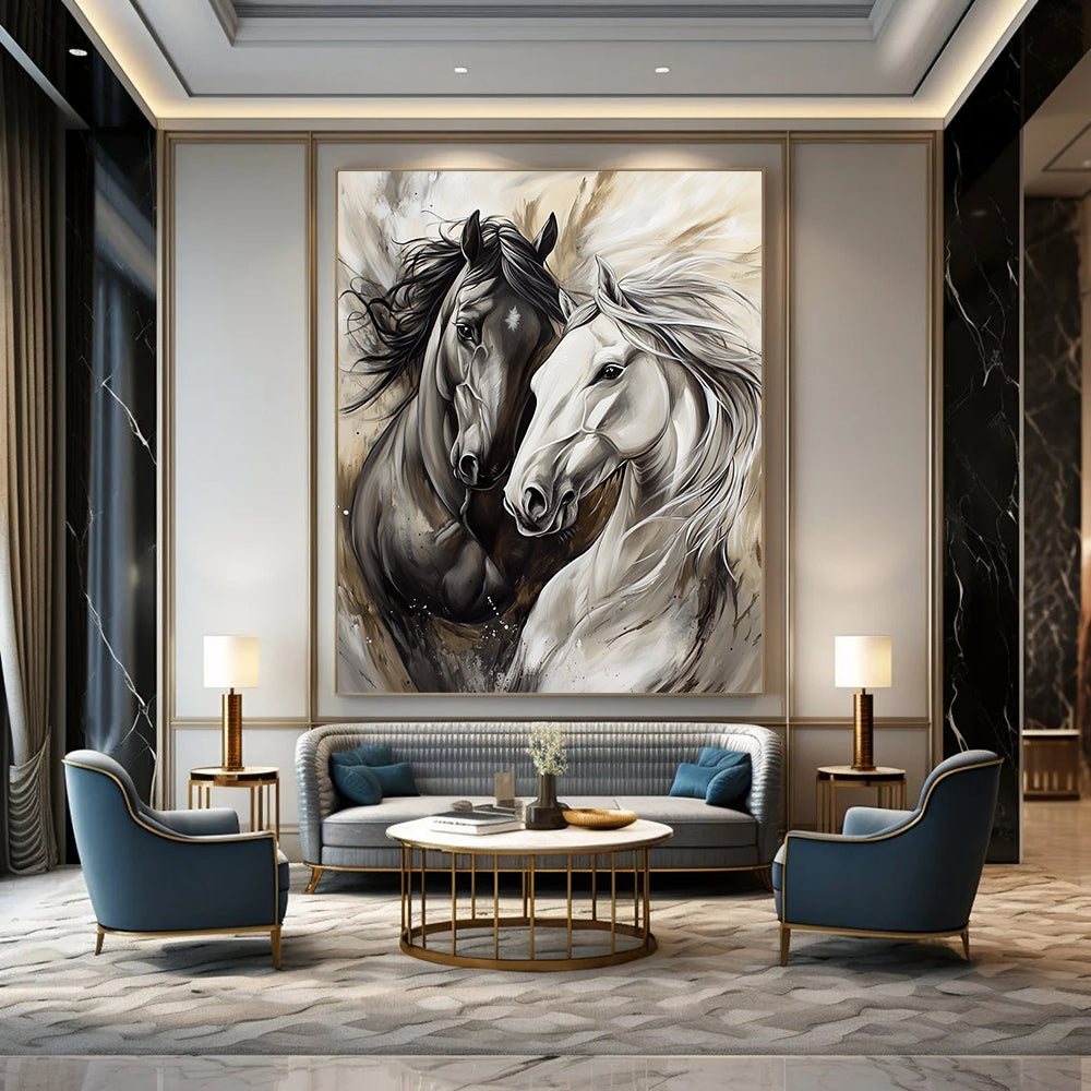 Contemporary abstract artwork featuring two horses playing in silver and gray tones with expressive brushstrokes and flowing fur details. DLZ1662