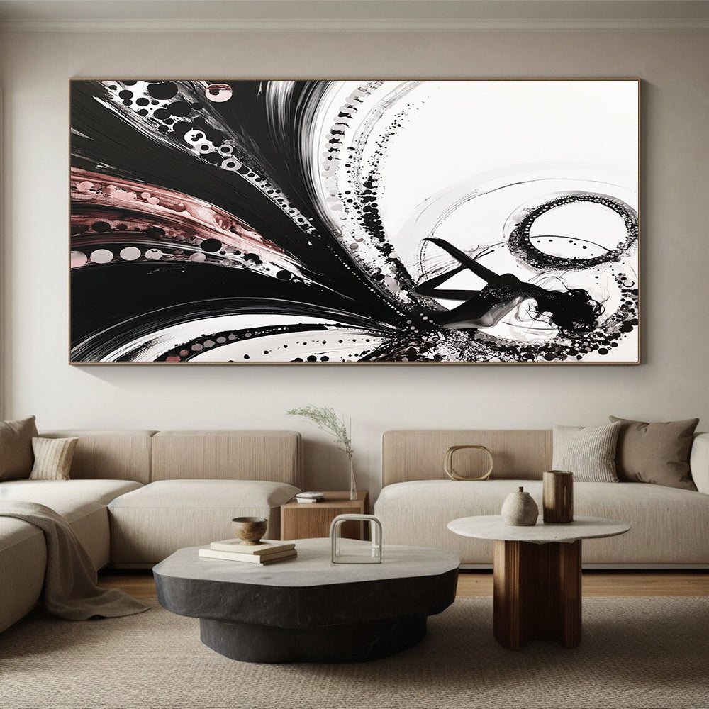 Black, White, Pink, Swirling Silhouette "Elegant Ink Silhouette" Abstract Figurative Painting On Canvas HB176