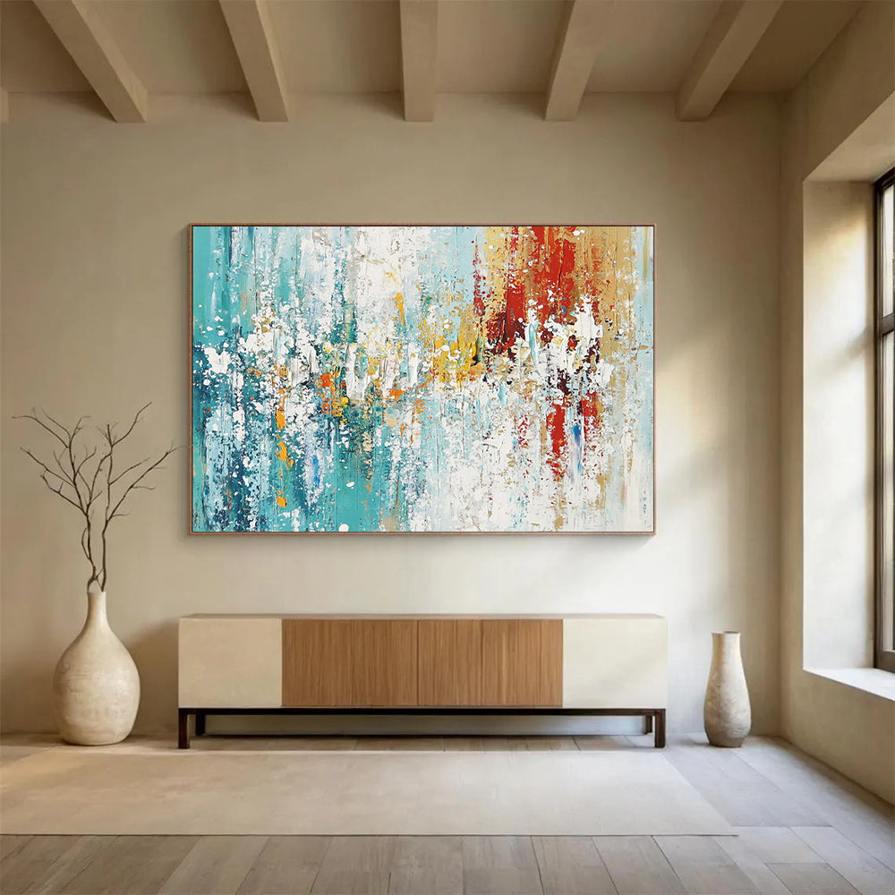 “Colorful Abstract Splash” - Teal, yellow, red, white; Abstract splash with vibrant colors; Acrylic Painting On Canvas HB1271