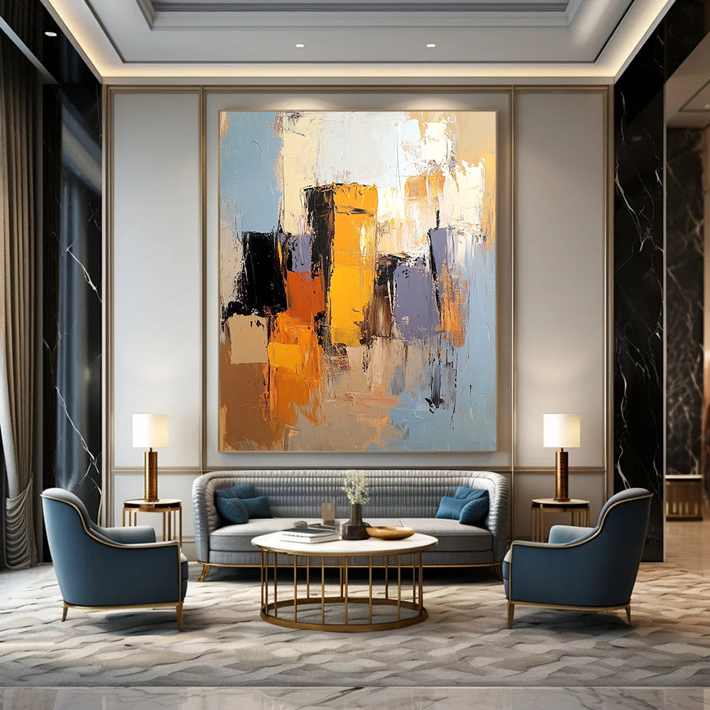 Contemporary abstract artwork showcasing the Alhambra in light blue, mustard yellow, and burnt sienna with gray and brown accents. DLZ0894