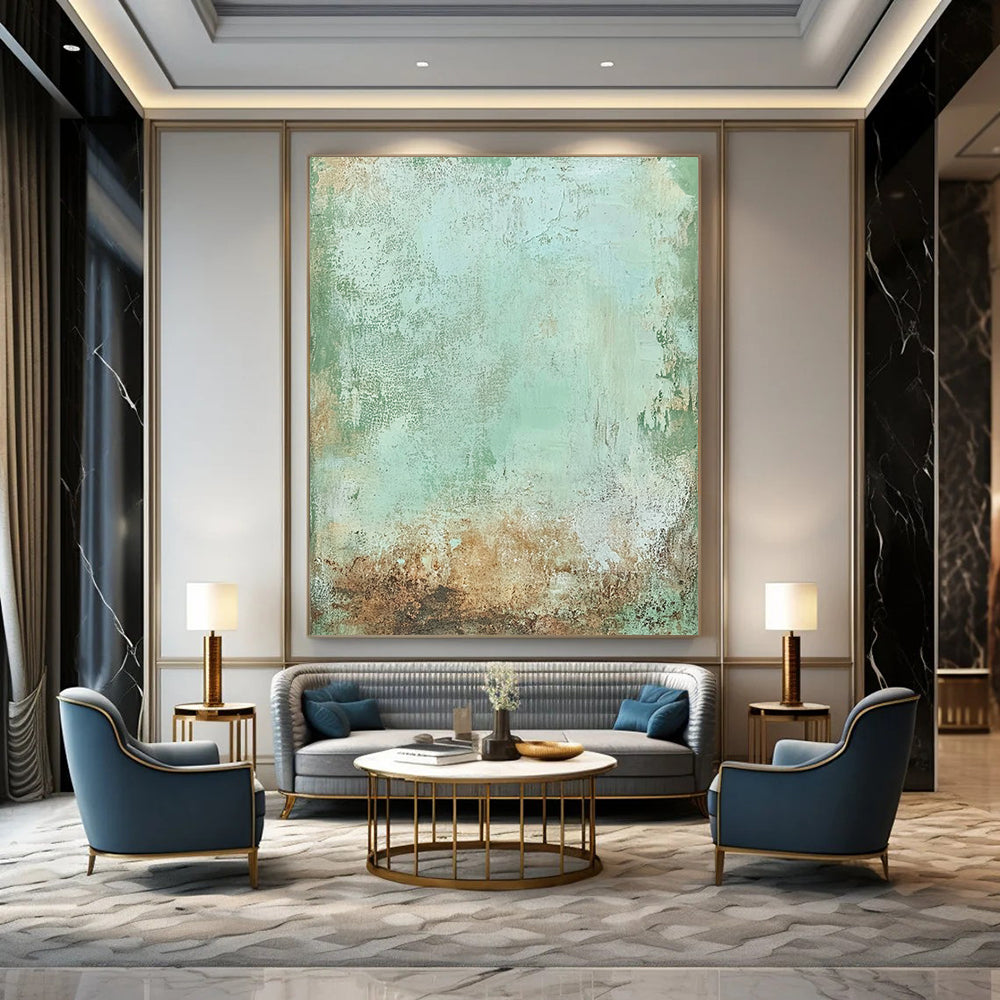 Contemporary hand-painted abstract art featuring soft greens browns and pale blues with rusted metal textures for a rustic elegant backdrop. DLZ1478