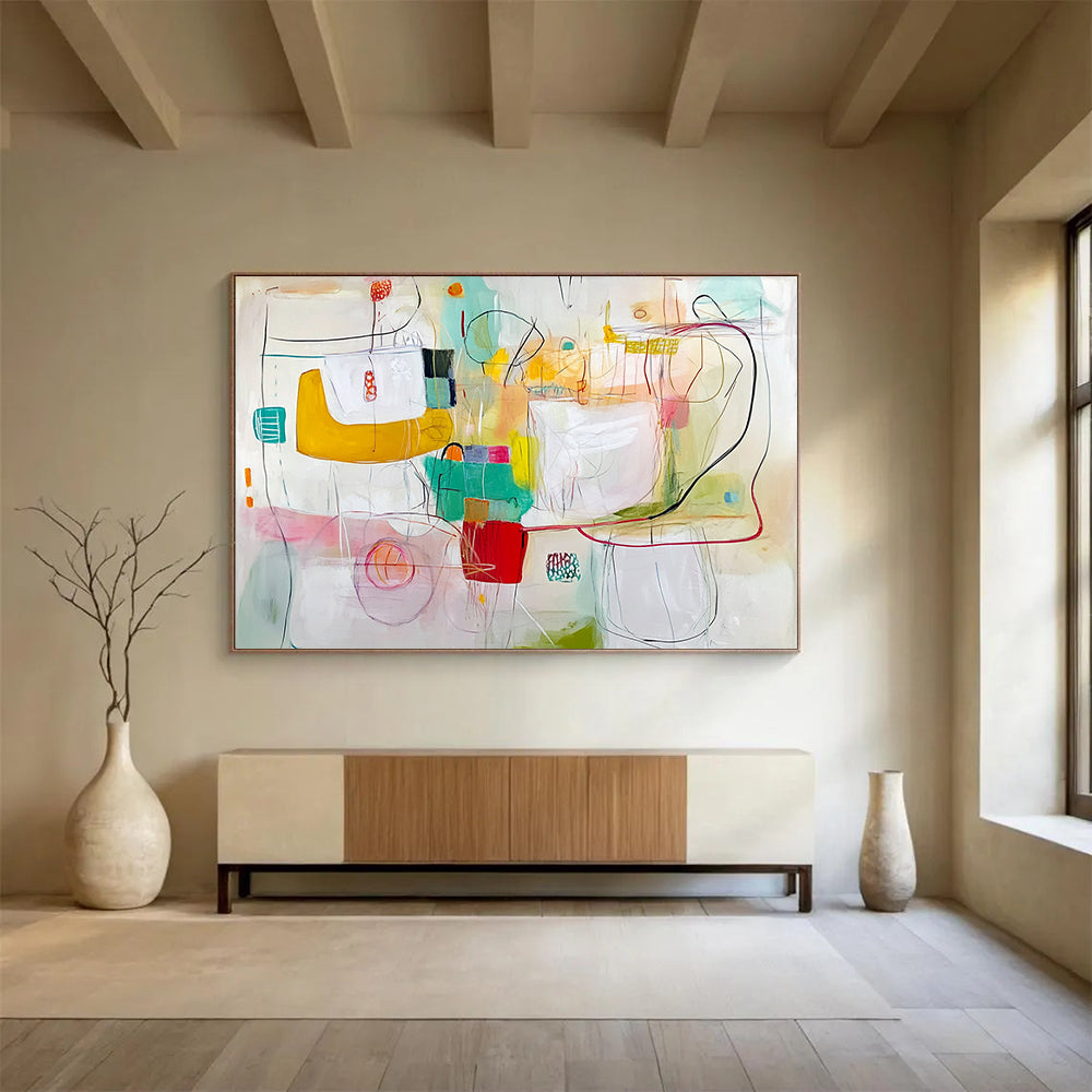 “Whimsical Color Doodles” - Pastel Colors, Abstract Shapes, Sketch - like Painting On Canvas HB1105