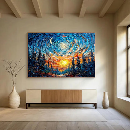 “Swirling Starry Forest” - Blue, Orange, Yellow, Abstract Starry Night Landscape Painting On Canvas HB1114