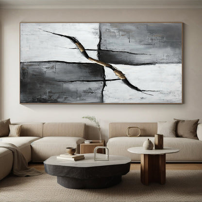Gray, Black, White and Gold Kintsugi - Inspired "Golden Repair" Painting On Canvas HB359