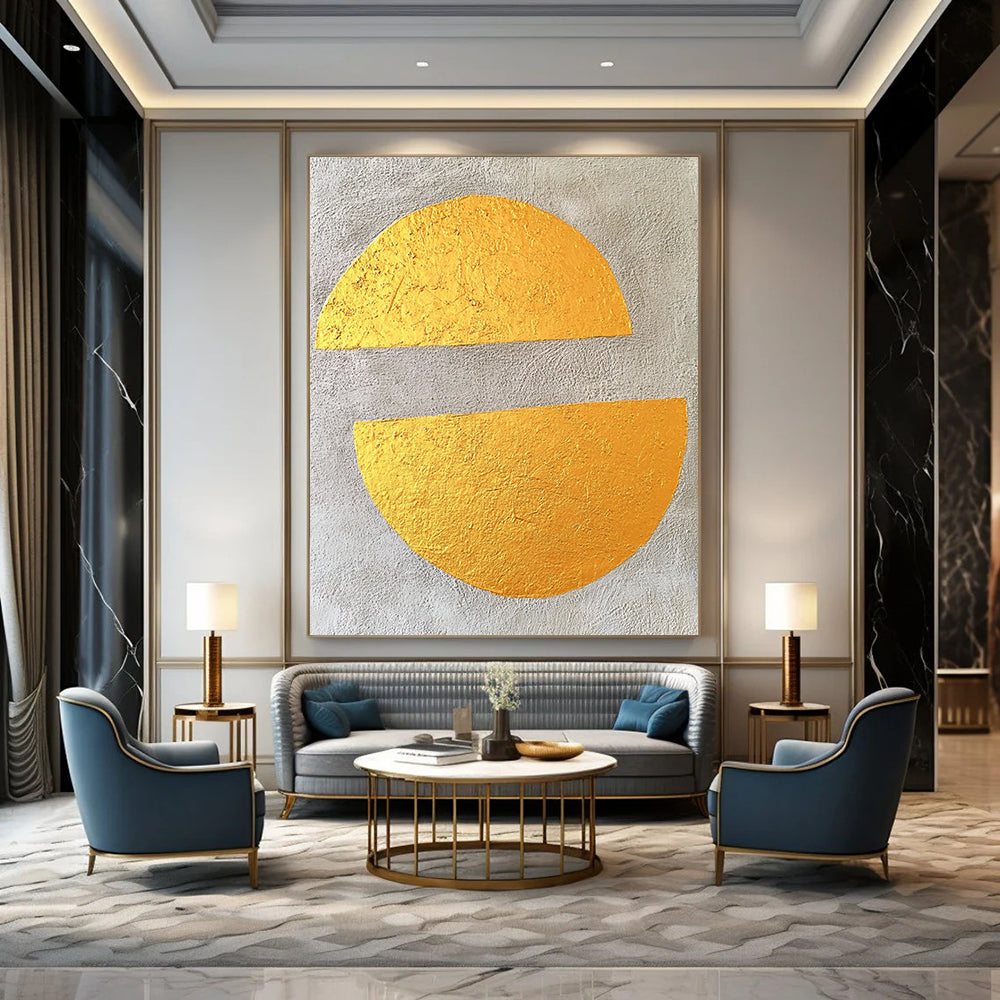 Contemporary abstract art featuring gold leaf on gray concrete with two large flat semicircles, creating a minimalist and striking visual experience. DLZ1579
