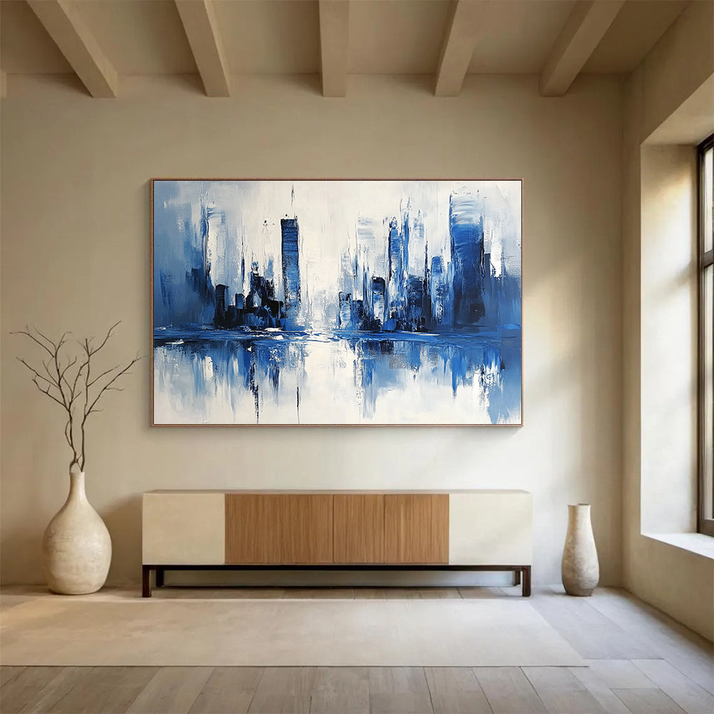 “Blue - White Cityscape Reflection” - Blue, White, Abstract Cityscape with Water Mirroring HB1117