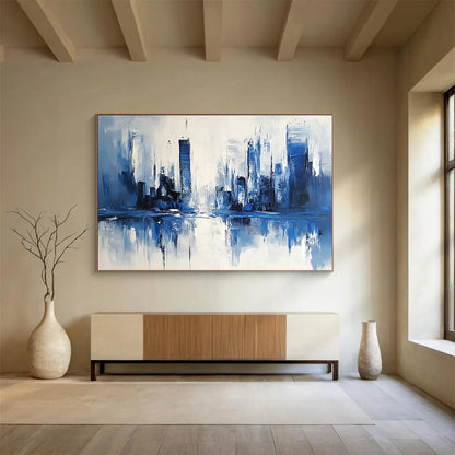 “Blue - White Cityscape Reflection” - Blue, White, Abstract Cityscape with Water Mirroring HB1117