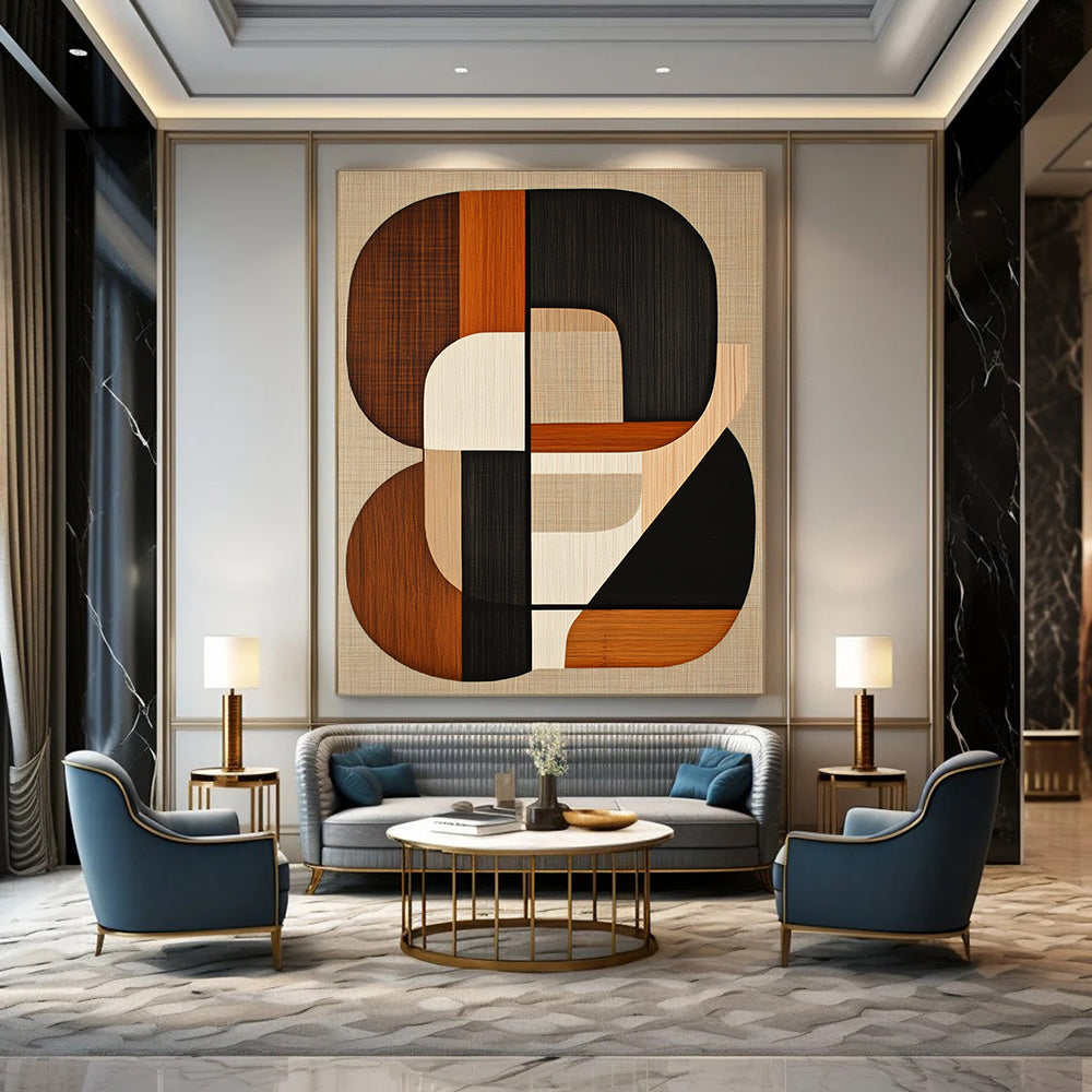 Contemporary hand-painted abstract artwork featuring mid-century modern shapes in earth tones with black lines on a beige background. DLZ1599