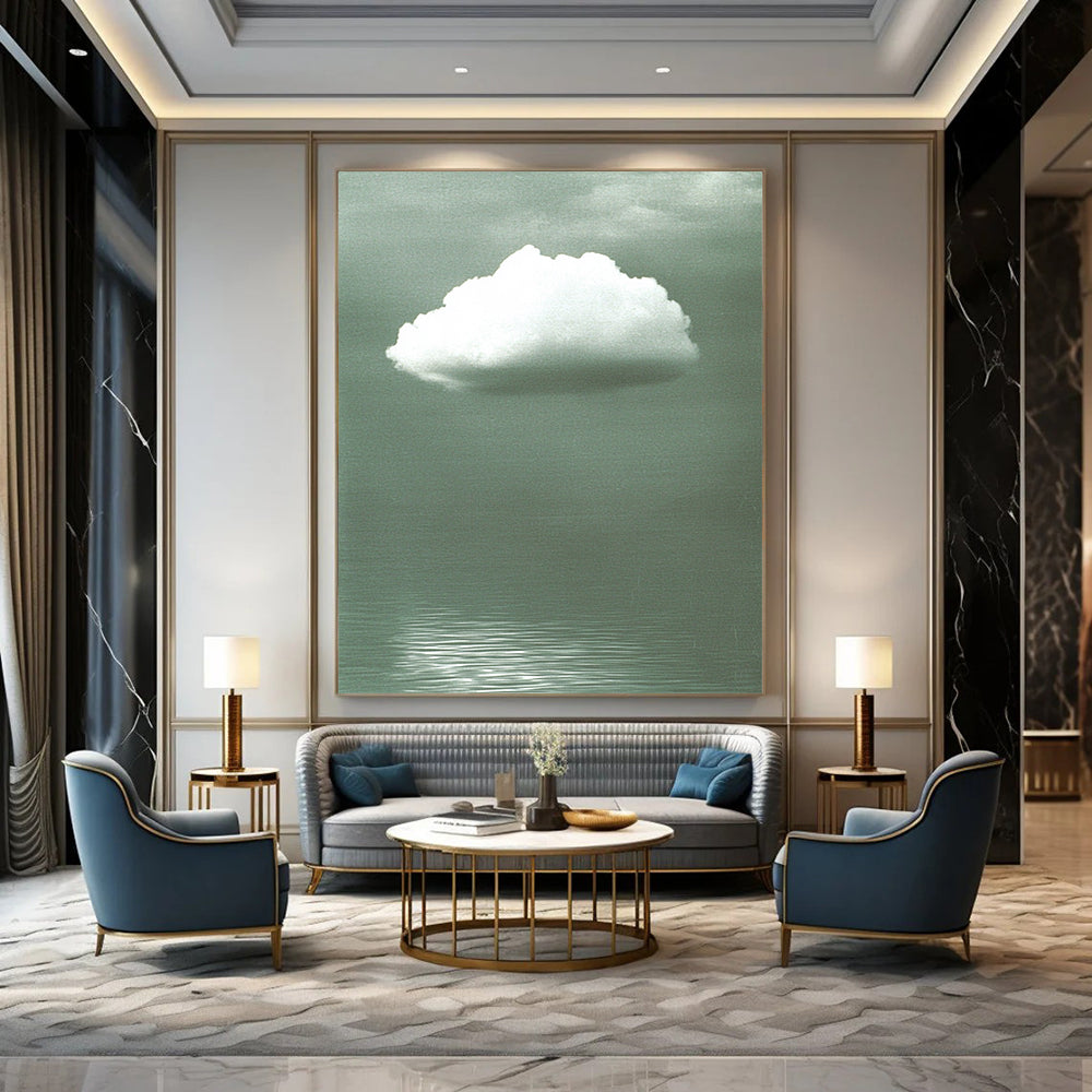 Contemporary abstract art features a soft white cloud on a gray backdrop, enhanced by green water ripples and subtle reflections below. DLZ1470