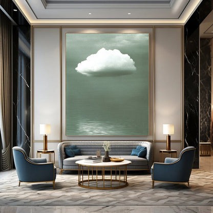 Contemporary abstract art features a soft white cloud on a gray backdrop, enhanced by green water ripples and subtle reflections below. DLZ1470