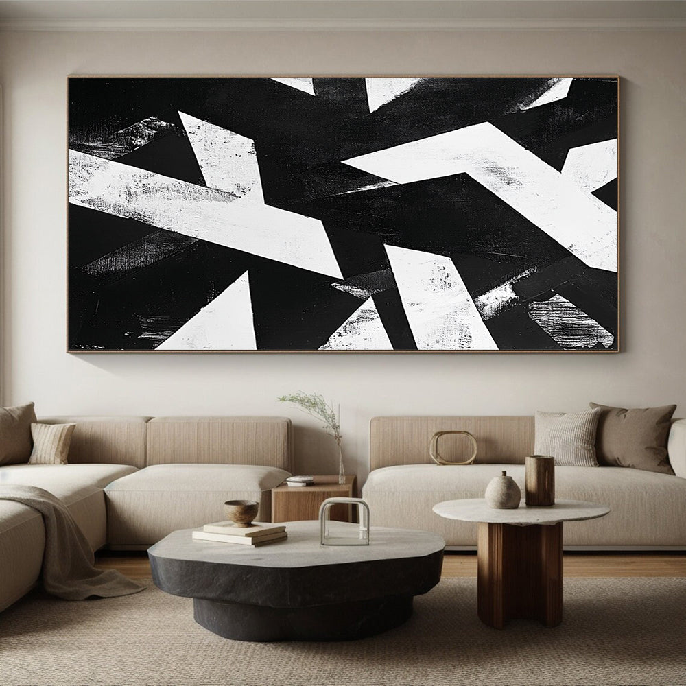 Black and White Geometric Abstraction "Dynamic Contrast" Painting On Canvas HB393