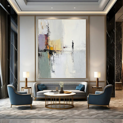 Large contemporary hand-painted abstract artwork featuring a woman by the water with soft tones and impressionist brushstrokes for a serene atmosphere. DLZ1397